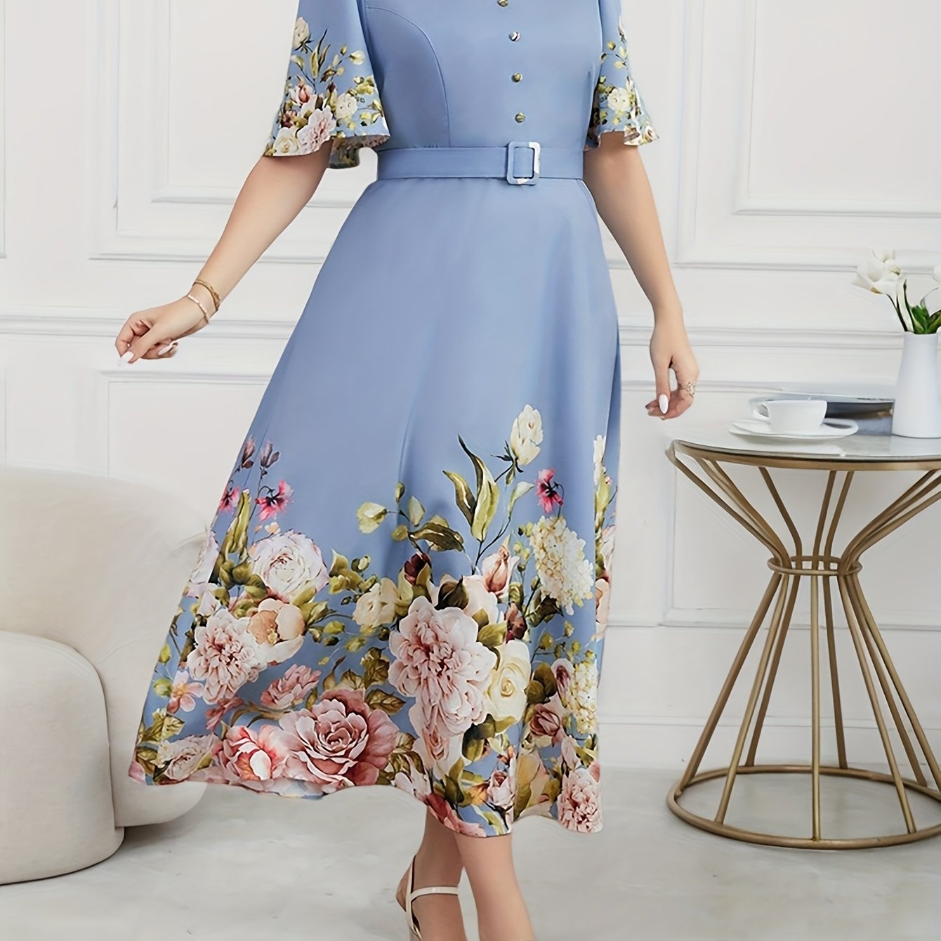 Effortless Floral Midi Dress for Women with V Neck Flutter Sleeve Belted A Line Style