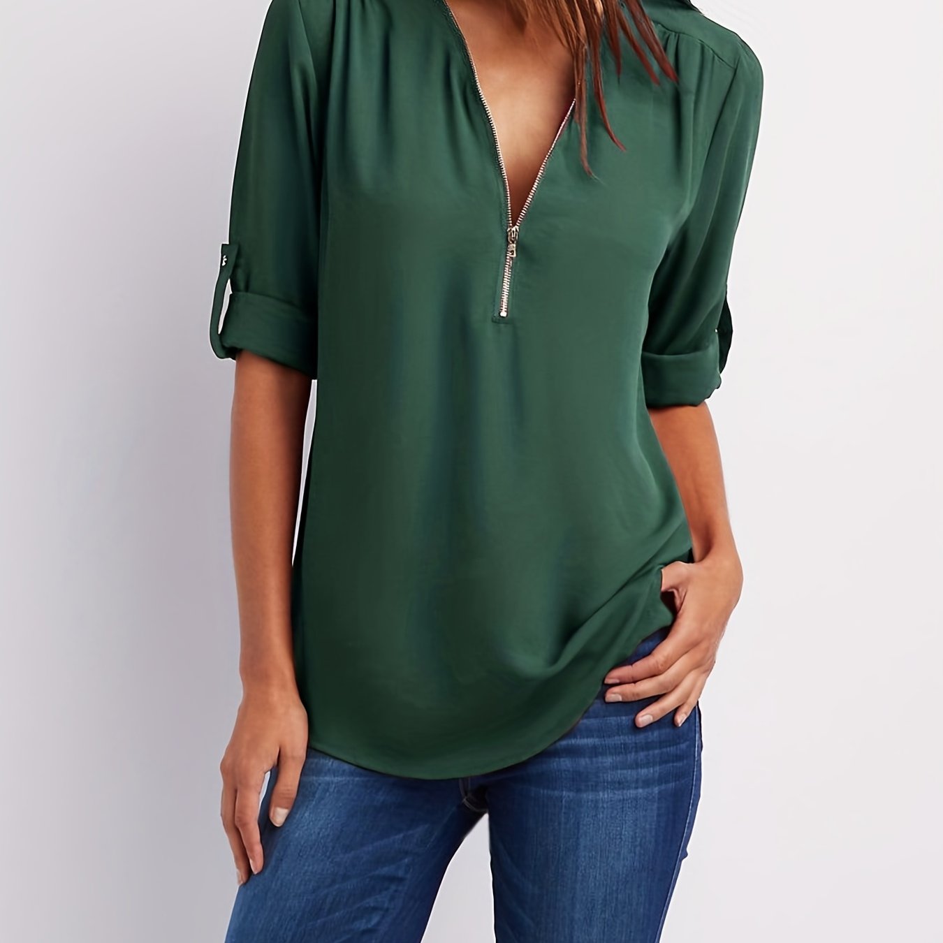 Effortless Chiffon Blouse for Women with Zip V Neck Roll Tab Sleeve Relaxed Casual Style