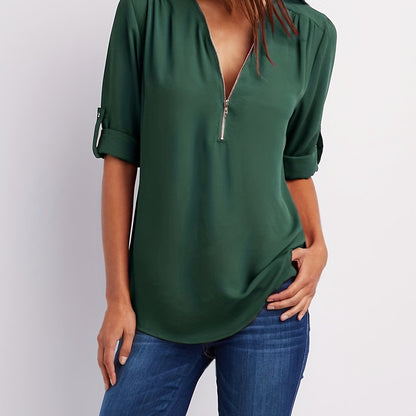 Effortless Chiffon Blouse for Women with Zip V Neck Roll Tab Sleeve Relaxed Casual Style