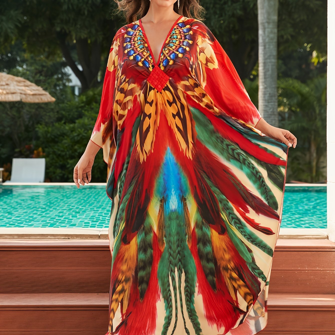 Elegant Multicolor Feather Print Kaftan Maxi Dress for Women with V Neck Batwing Sleeve Embellished Flowing Style