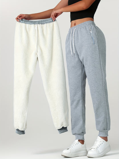 Comfortable Sherpa Lined Jogger Sweatpants for Women with High Waist Drawstring Zip Pocket Cinched Ankle Relaxed Style