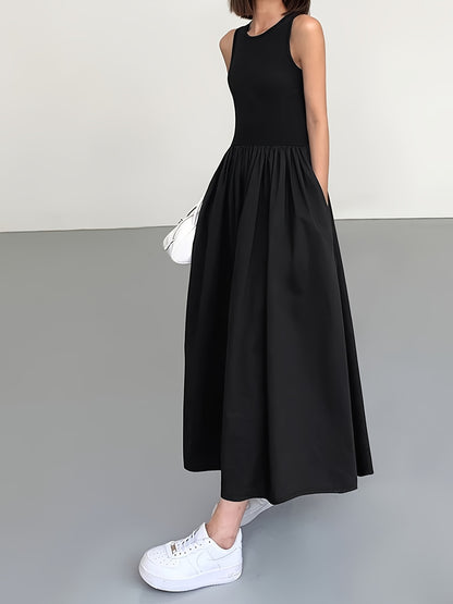 Elegant Black Maxi Dress for Women with Round Neck Sleeveless A Line Pocket Flowing Style