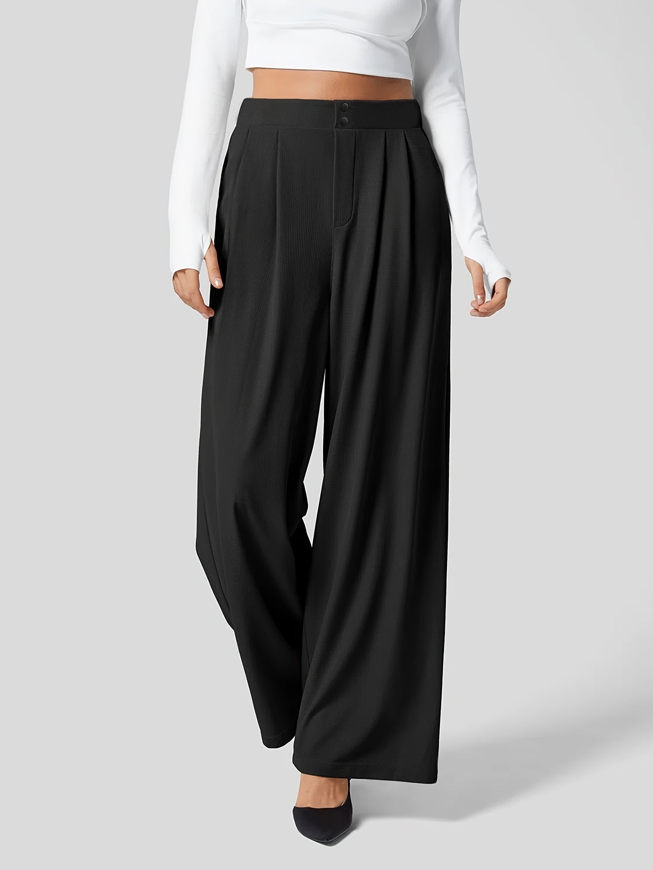 Effortless Khaki Wide Leg Pants for Women with High Waist Pleated Button Front Relaxed Tailored Style