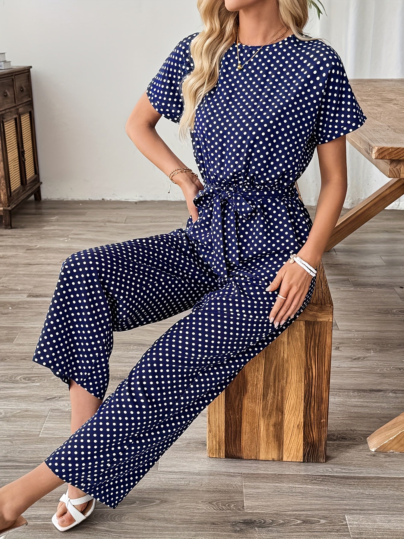 Effortless Polka Dot Jumpsuit for Women with Boat Neck Short Sleeve Belted Wide Leg Style