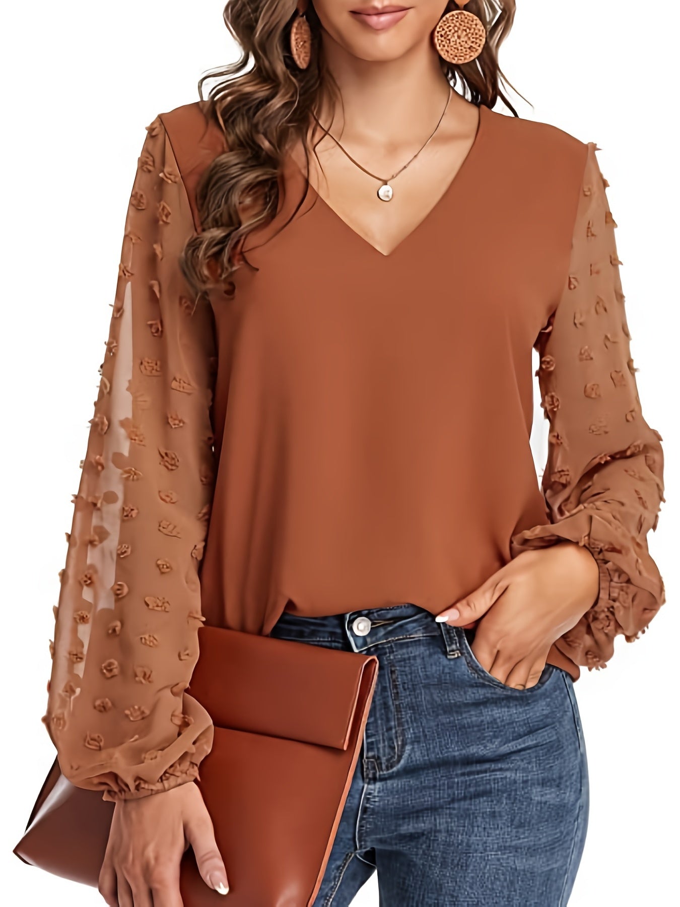 Elegant Swiss Dot Blouse for Women with V Neck Balloon Sleeve Sheer Cuff Relaxed Style