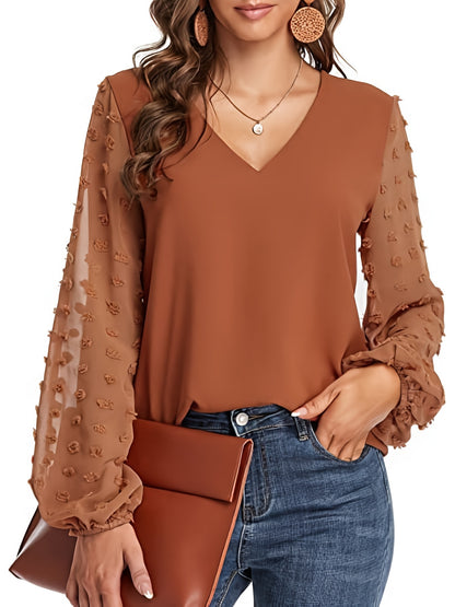 Elegant Swiss Dot Blouse for Women with V Neck Balloon Sleeve Sheer Cuff Relaxed Style