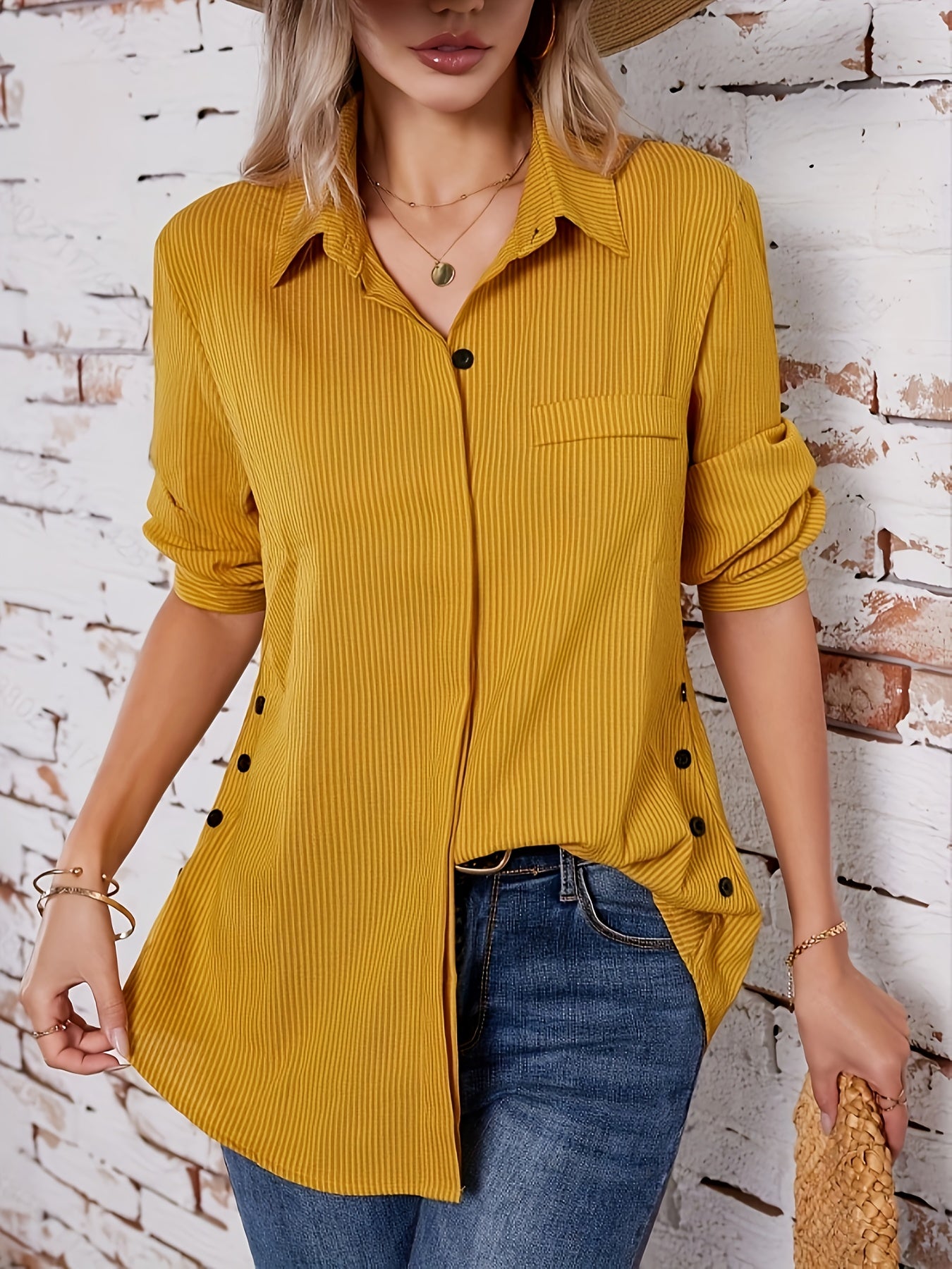 Effortless Striped Tunic Blouse for Women with Collar Long Sleeve Button Detail Relaxed Casual Style