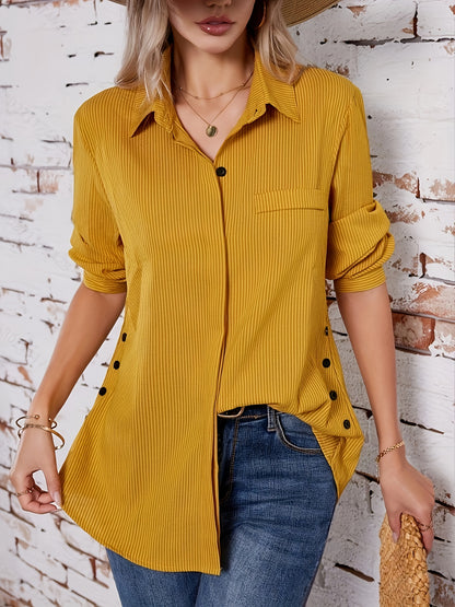 Effortless Striped Tunic Blouse for Women with Collar Long Sleeve Button Detail Relaxed Casual Style