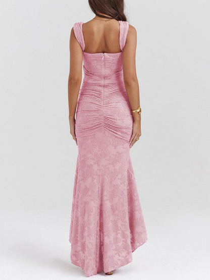 Elegant Lace Corset Maxi Dress for Women with Square Neck Sleeveless Ruched Mermaid Hem Wedding Guest Style