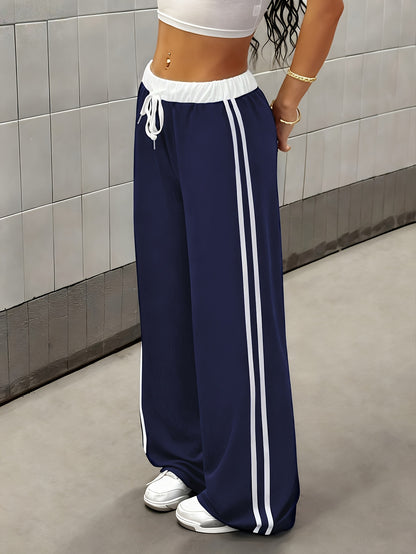 Effortless Wide Leg Track Pants for Women with High Waist Drawstring Side Stripe Relaxed Style