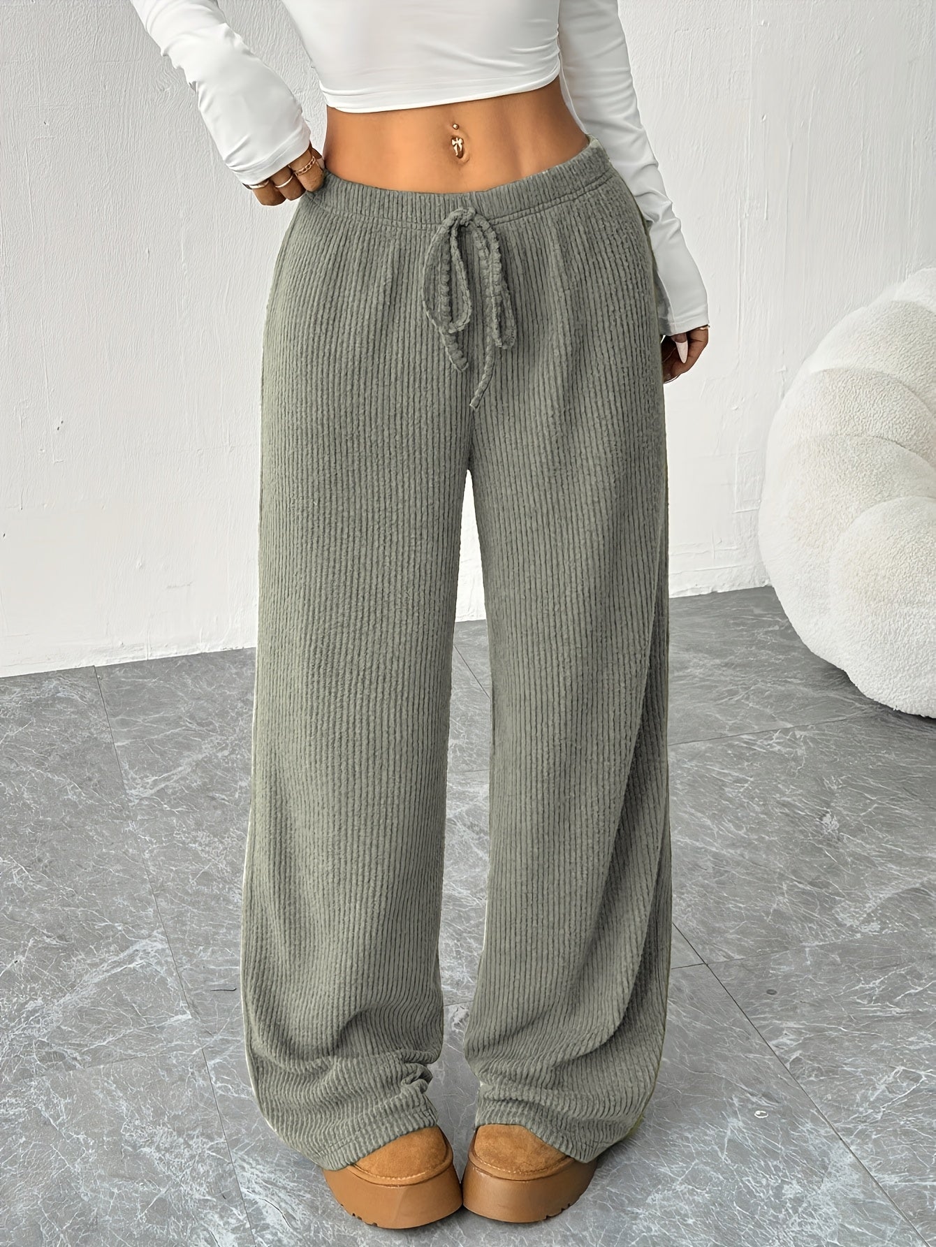 Effortless Ribbed Wide Leg Pants for Women with High Waist Drawstring Relaxed Flowing Casual Style