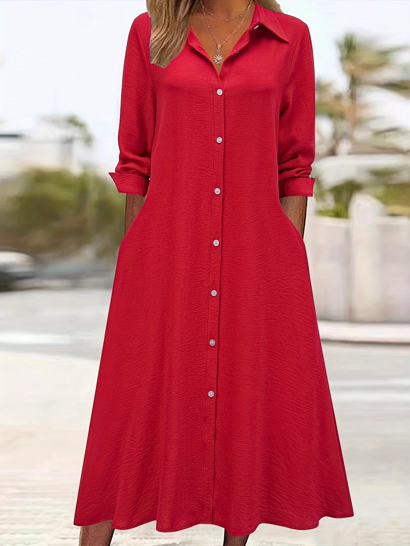 Effortless Linen Shirt Dress for Women with Collar V Neck Long Sleeve Button Front Flowing Style