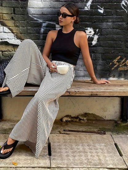 Effortless Black and Cream Striped Wide Leg Pants for Women with High Waist Elastic Flowing Palazzo Style