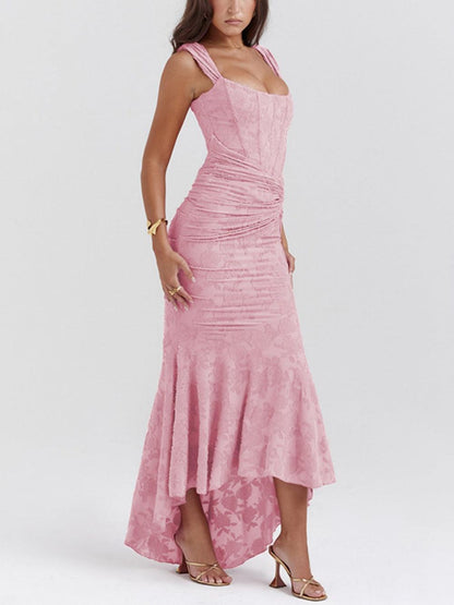 Elegant Lace Corset Maxi Dress for Women with Square Neck Sleeveless Ruched Mermaid Hem Wedding Guest Style