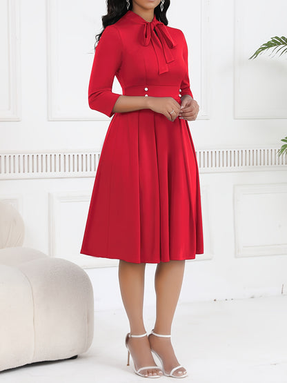 Elegant Knit Midi Dress for Women with Tie Neck Elbow Sleeve Pleated Fit and Flare Style