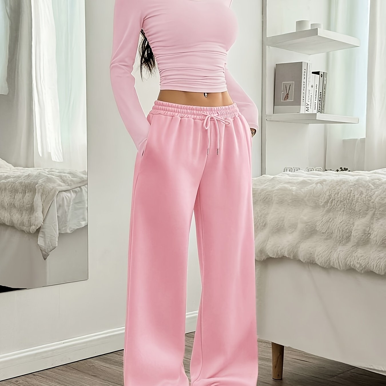 Oriented Elegant Ladies' Trousers Drawstring Pocket Design Solid Color Easy Versatile Sweatpants