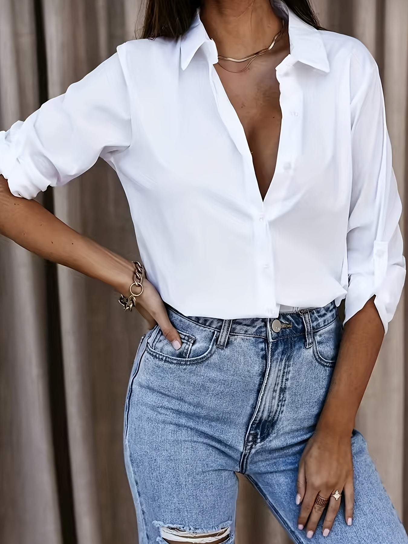 Effortless White Cotton Blouse for Women with Collar V Neck Elbow Sleeve High Low Casual Style