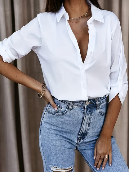 Effortless White Cotton Blouse for Women with Collar V Neck Elbow Sleeve High Low Casual Style