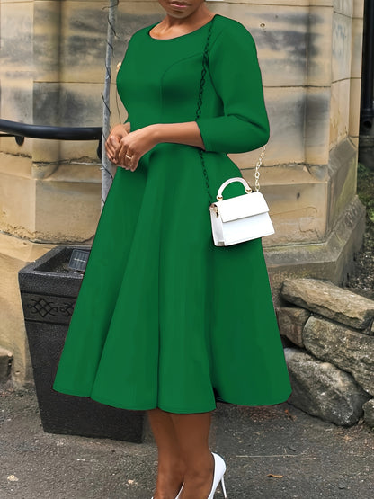 Elegant A Line Midi Dress for Women with Round Neck Elbow Sleeve Fit and Flare Style