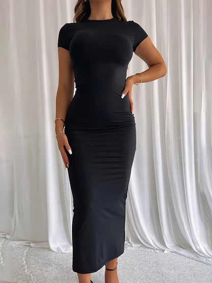 Elegant Bodycon Maxi Dress for Women with Crew Neck Short Sleeve Ruched Side Slit Style