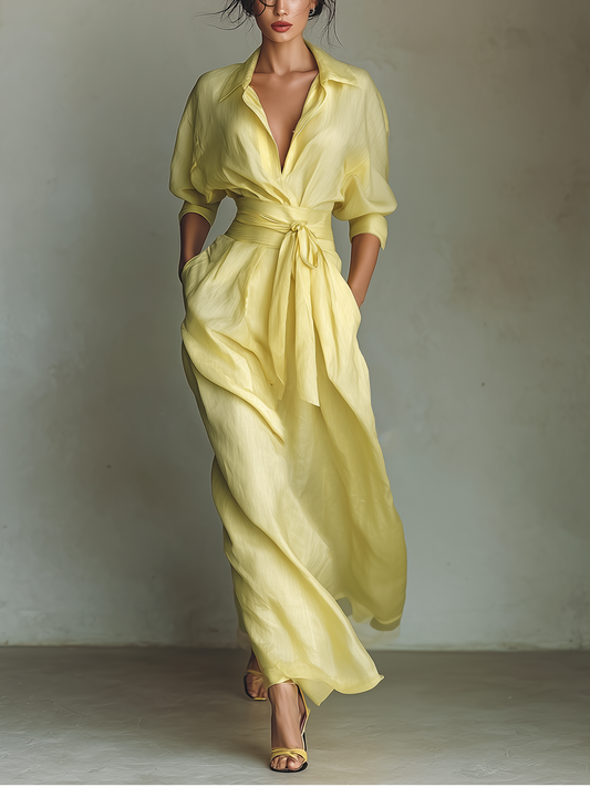 Elegant Yellow Linen Maxi Dress for Women with Collar Neck Elbow Sleeve Wrap Tie Waist Flowing Style