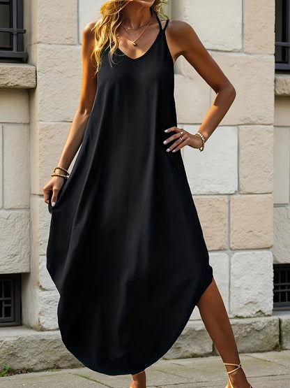 Elegant Black Maxi Dress for Women with V Neck Sleeveless Cocoon Flowing Bohemian Style