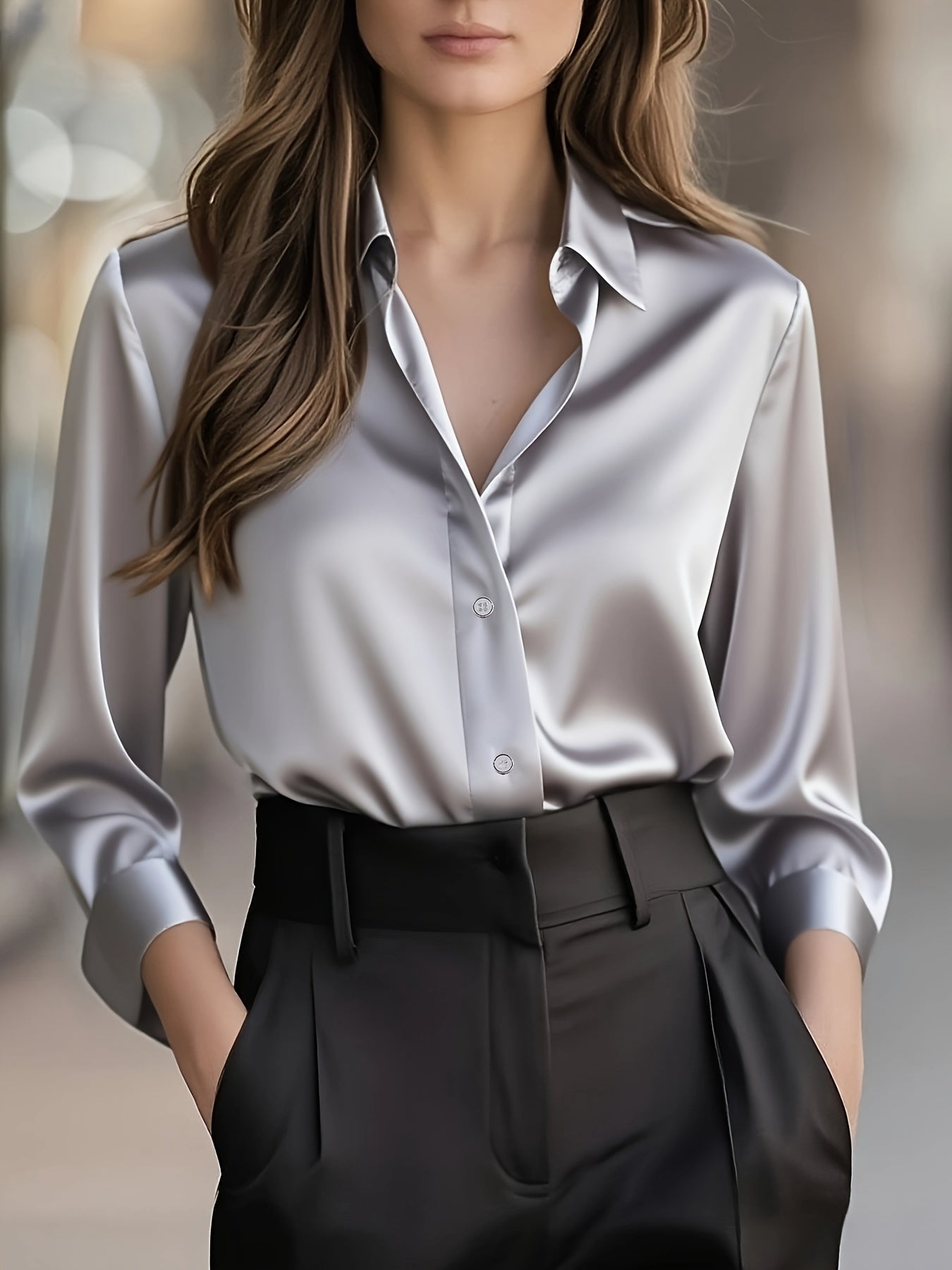 Elegant Satin Blouse for Women with Notched Collar Long Sleeve Button Front Silky Style