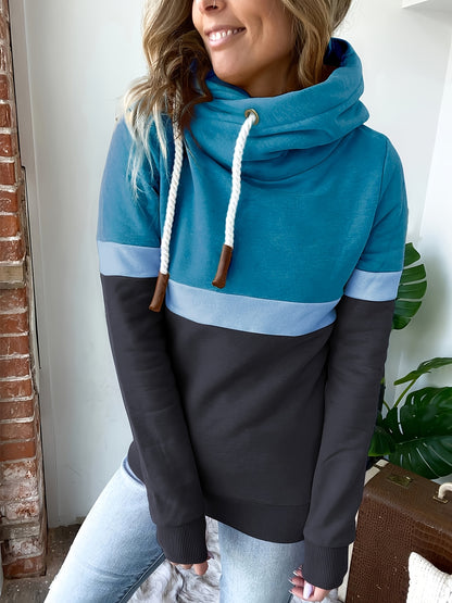 New Autumn Winter Color-Block Hooded Casual Sweatshirt Fashion Loose Lazy Style Jacket Long Sleeve Top