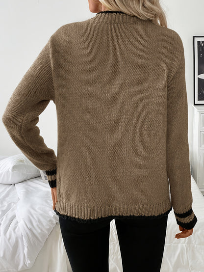 Comfortable Contrast Trim Cardigan Sweater for Women with V Neck Long Sleeve Button Front Ribbed Knit Style