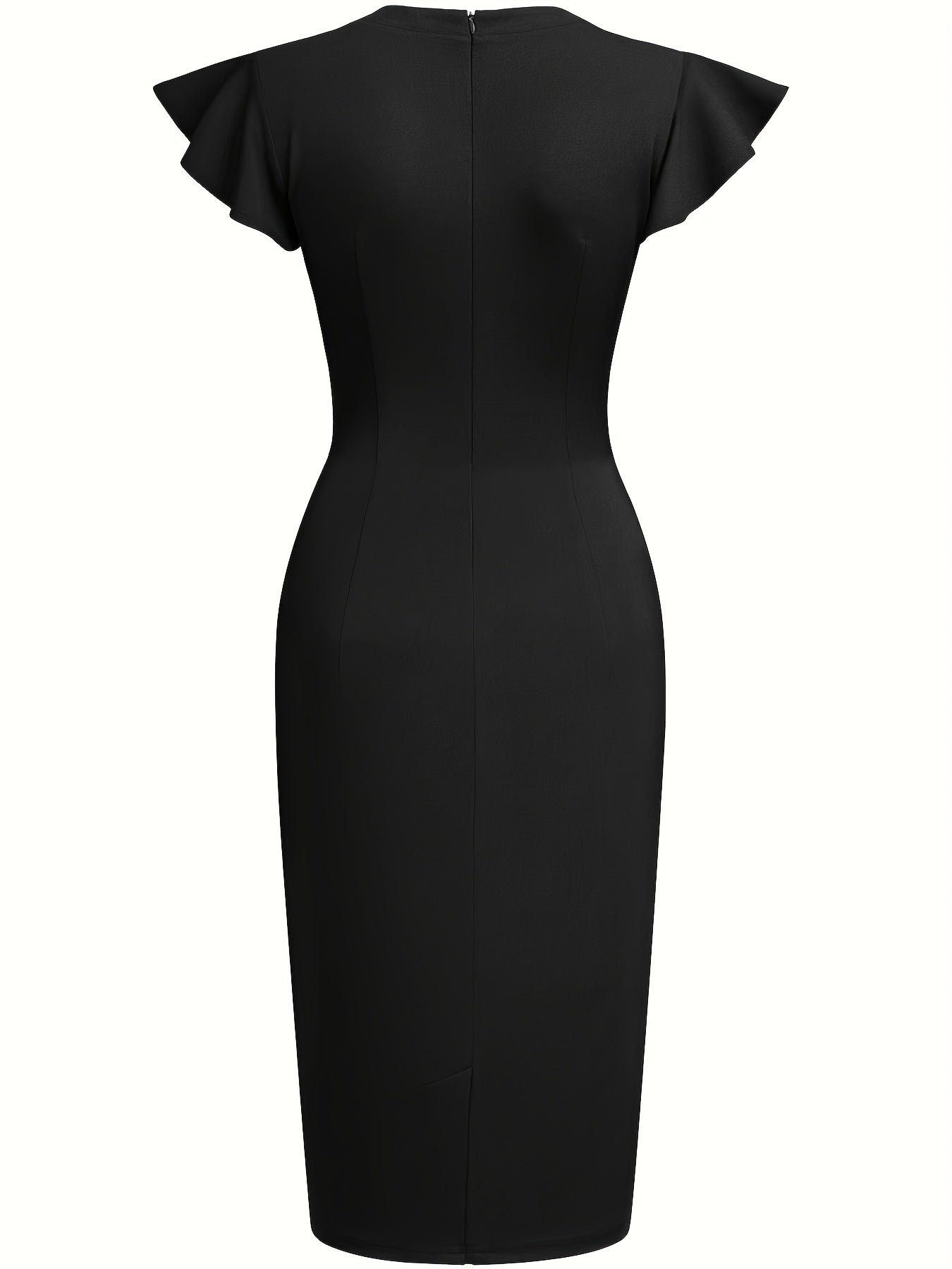 Elegant Studded Sheath Dress for Women with Round Neck Flutter Sleeve Ruched Waist Formal Style