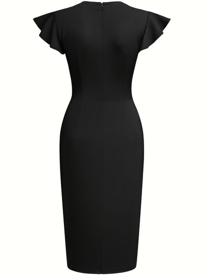 Elegant Studded Sheath Dress for Women with Round Neck Flutter Sleeve Ruched Waist Formal Style