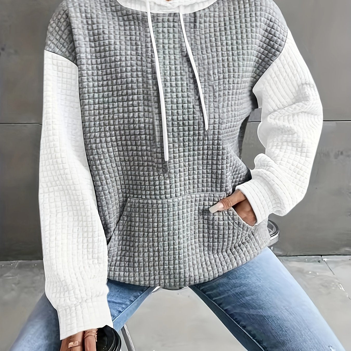 Women's Casual Waffle- Color-Block Hooded Sweatshirt - Relaxed Fit Long Sleeve Pullover with Drawstring Hood, Machine Washable Autumn Winter Fashion Top, Cute Sweatshirts, Autumn Apparel, Soft Fabric, Everyday Outfit, Waffle Design, Breathable Material, C