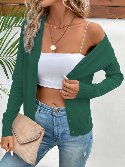 Comfortable Button Front Cardigan Sweater for Women with V Neck Long Sleeve Ribbed Cuff Relaxed Style