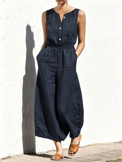 Effortless Navy Blue Linen Wide Leg Jumpsuit for Women with V Neck Sleeveless Button Front Relaxed Style