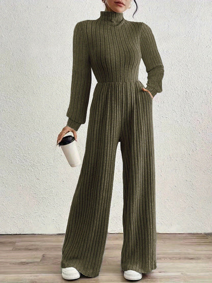 Effortless Ribbed Knit Jumpsuit for Women with Mock Neck Long Sleeve Wide Leg Relaxed Style
