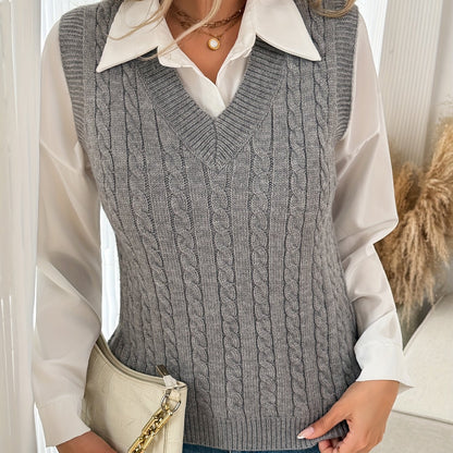 Comfortable Grey Cable Knit Sweater Vest for Women with V Neck Sleeveless Ribbed Relaxed Style