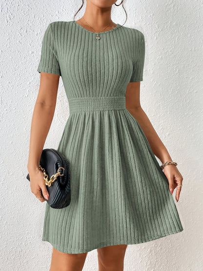 Comfortable Ribbed Knit Mini Dress for Women with Round Neck Short Sleeve Smocked Waist Casual Style