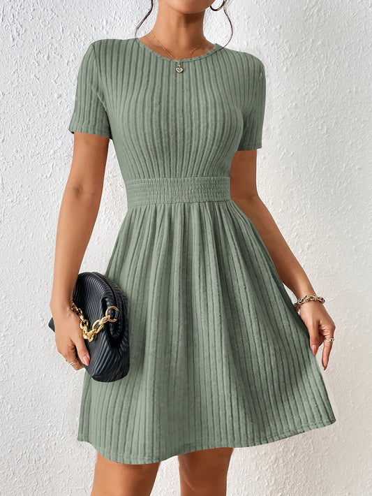 Comfortable Ribbed Knit Mini Dress for Women with Round Neck Short Sleeve Smocked Waist Casual Style