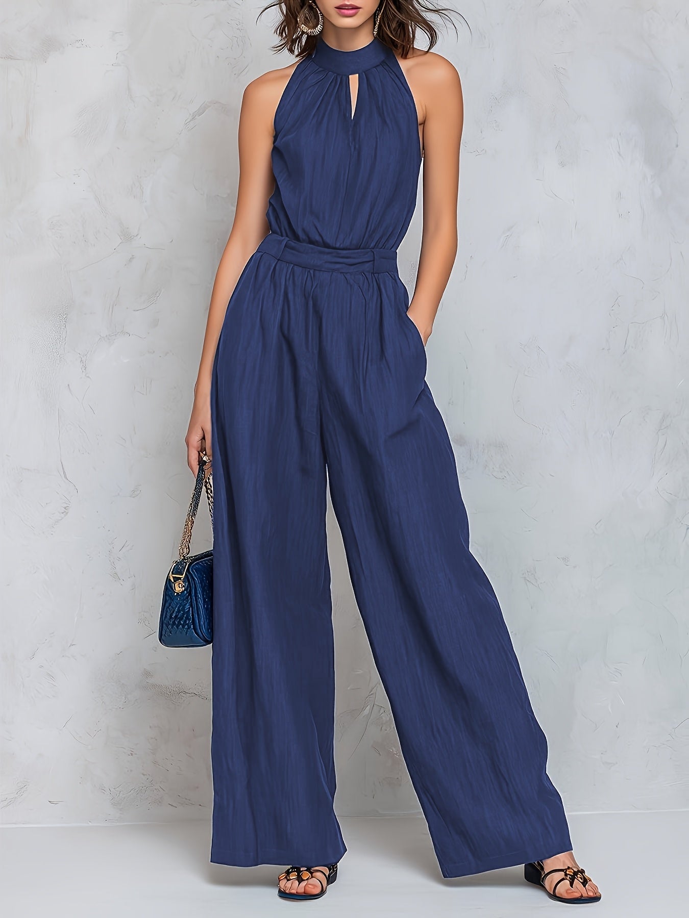 Elegant Navy Blue Jumpsuit for Women with Halter Keyhole Neck Wide Leg Relaxed Style