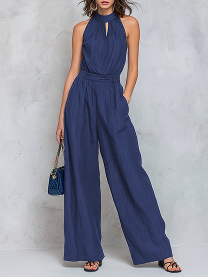Elegant Navy Blue Jumpsuit for Women with Halter Keyhole Neck Wide Leg Relaxed Style