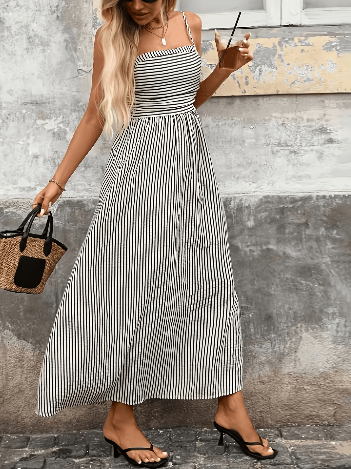 Elegant Black Striped Maxi Dress for Women with Square Neck Spaghetti Strap Smocked Flowing Style