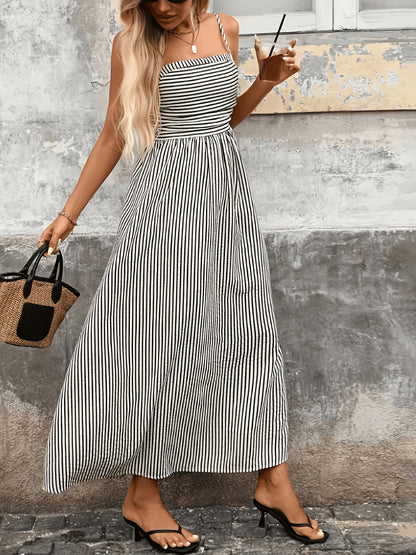 Elegant Black Striped Maxi Dress for Women with Square Neck Spaghetti Strap Smocked Flowing Style