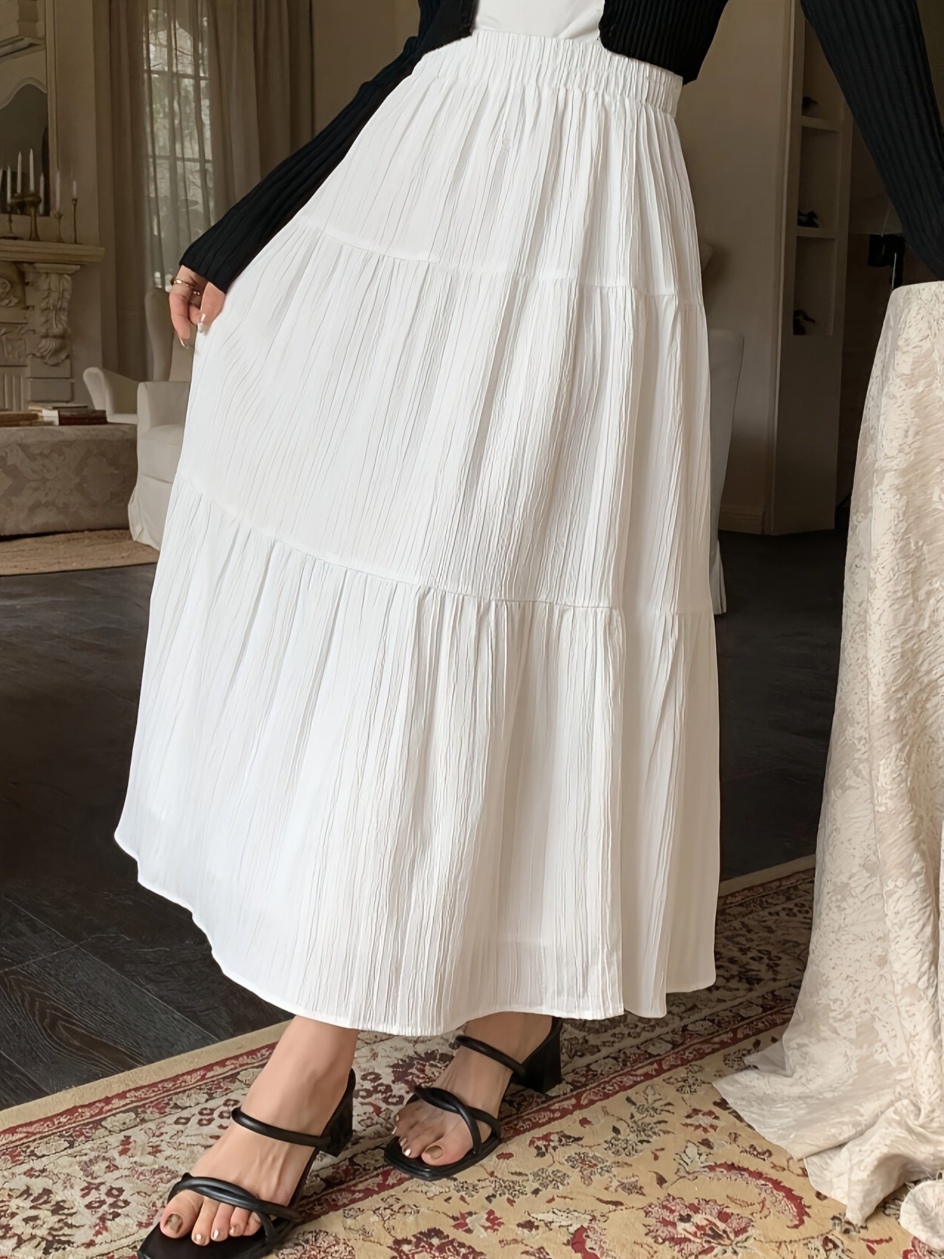 Elegant White Tiered Maxi Skirt for Women with High Waist Textured A Line Flowing Style
