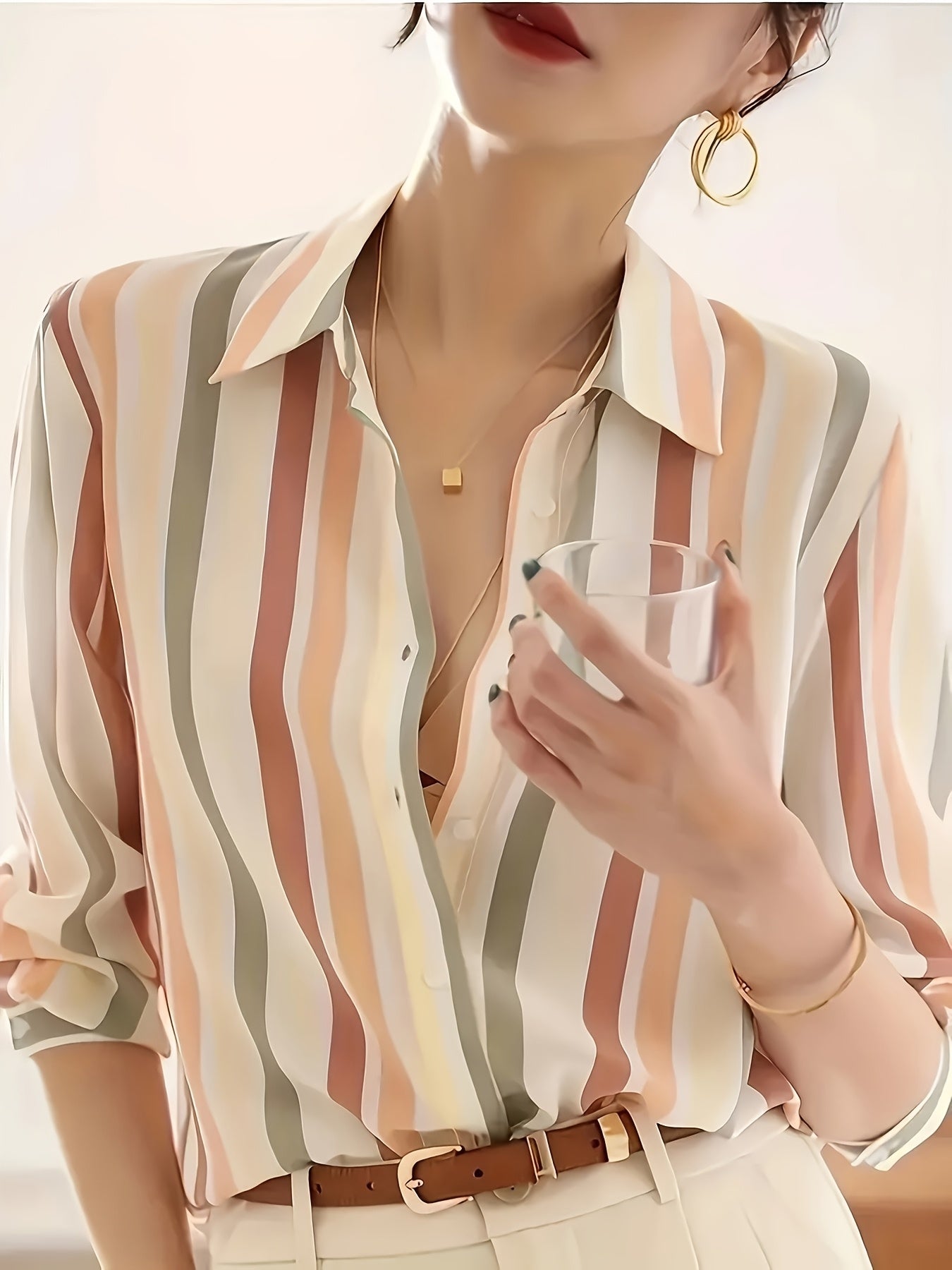 Elegant Striped Chiffon Blouse for Women with Collar Long Sleeve Button Front Relaxed Flowing Style