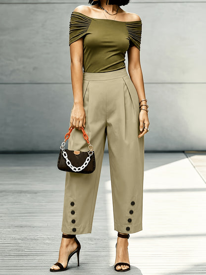 Effortless Khaki Tapered Pants for Women with High Waist Pleated Button Hem Relaxed Style