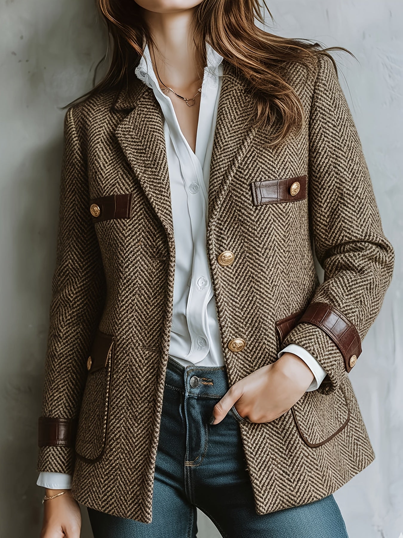 Elegant Khaki Herringbone Tweed Blazer for Women with Notch Lapel Long Sleeve Leather Trim Tailored Style