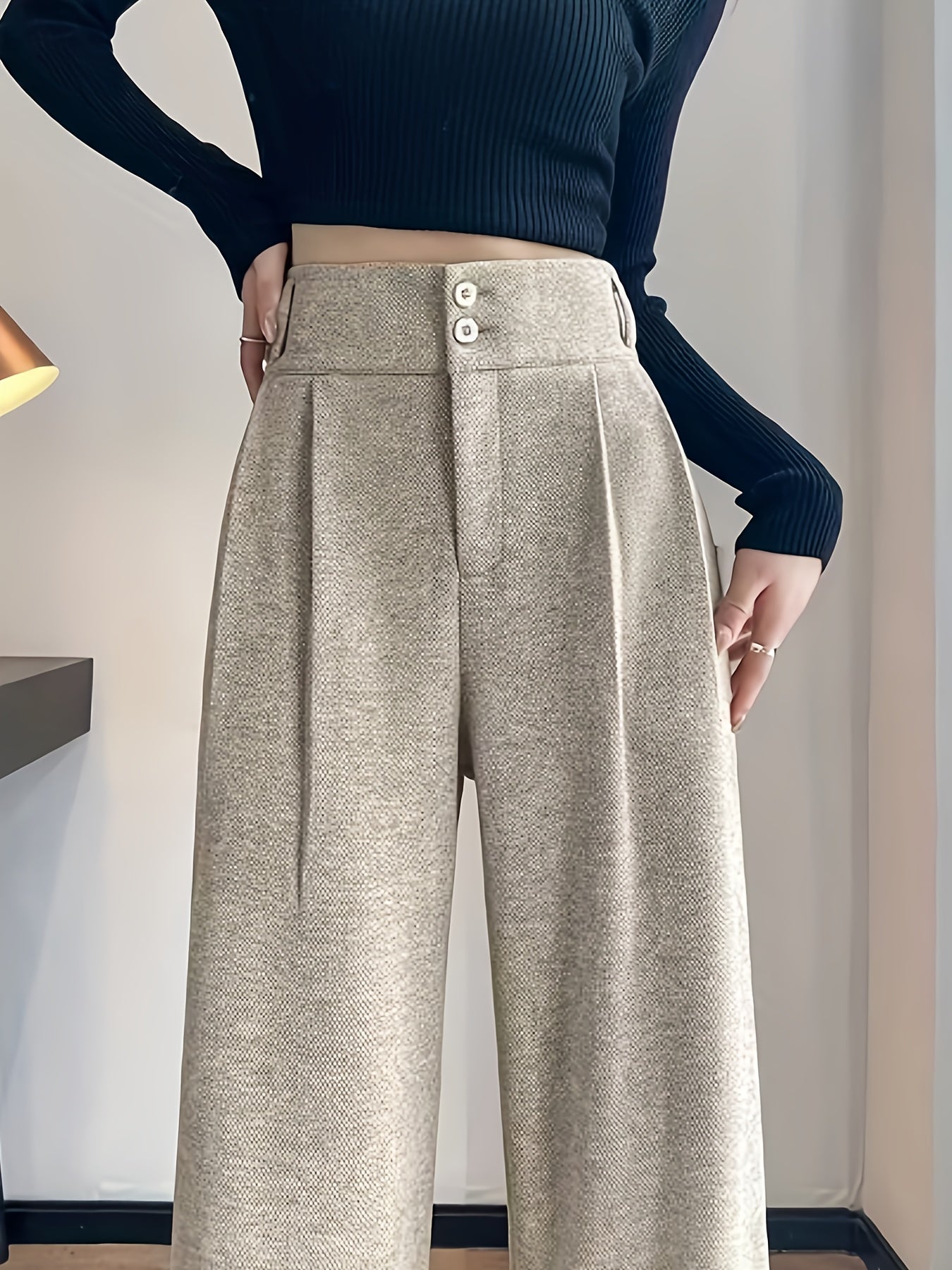 Effortless Herringbone Wide Leg Pants for Women with High Waist Button Front Pleated Tailored Style
