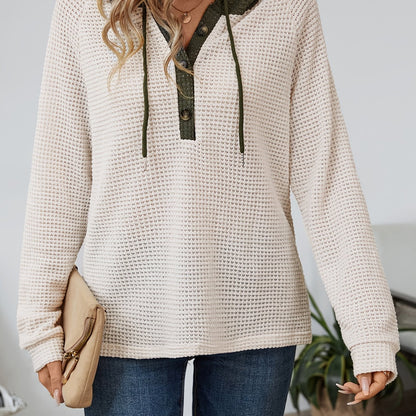 Comfortable Waffle Knit Henley Top for Women with Hooded Drawstring Long Sleeve Oversized Knit Style