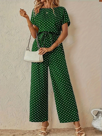 Effortless Polka Dot Jumpsuit for Women with Boat Neck Short Sleeve Belted Wide Leg Style