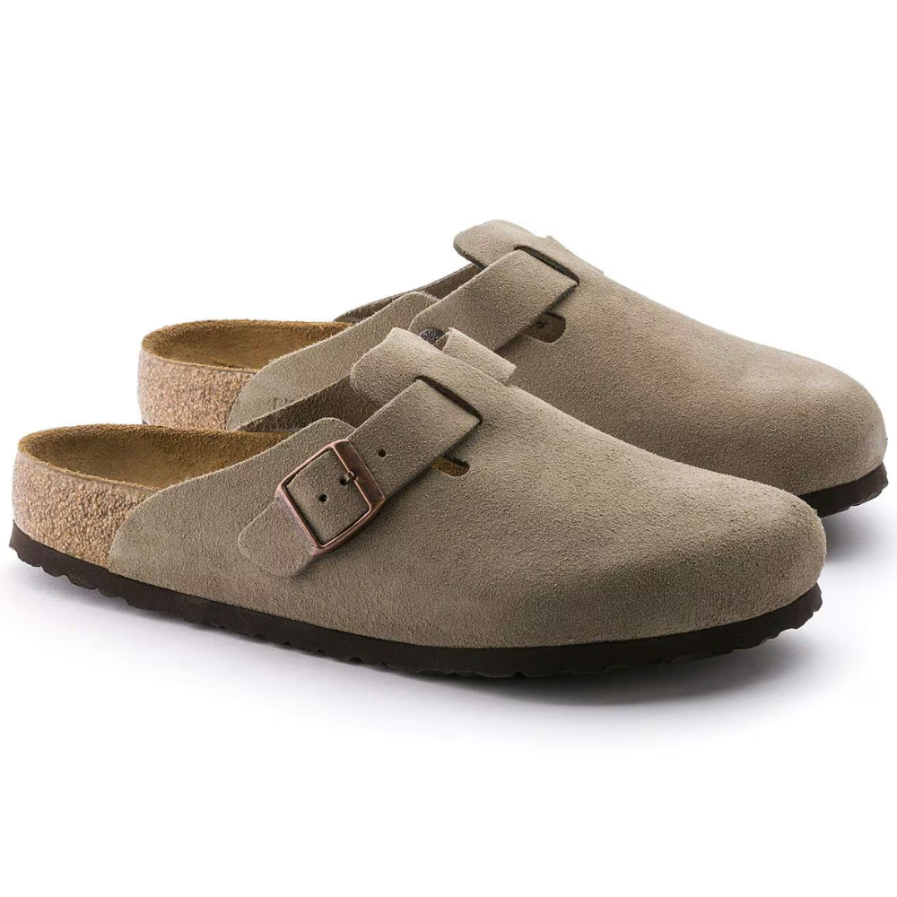 Comfortable Clogs for Women with Suede Upper Buckle Strap Contoured Cork Footbed Style